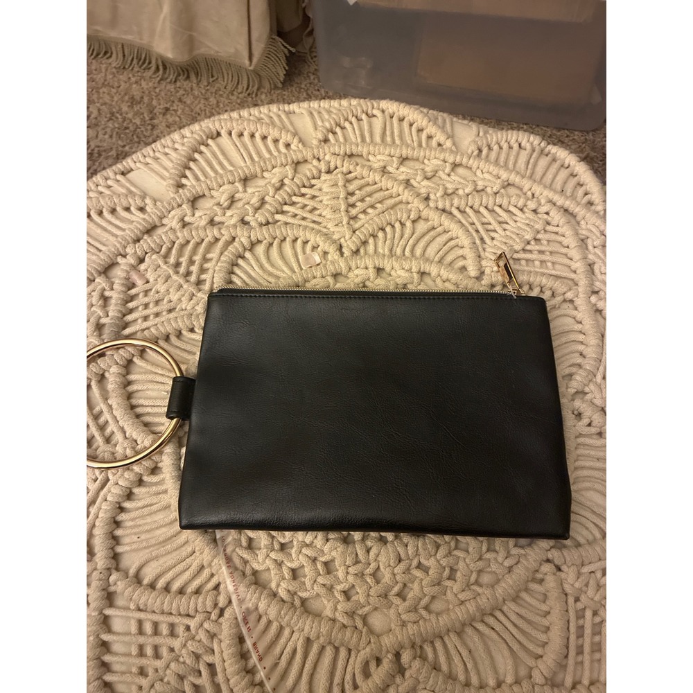 Martine Loves Black Faux Leather Ring Handle Clutch Bag Leopard Print Lining